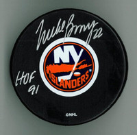 Mike Bossy Autographed Islanders Puck w/ "HOF" (Small Logo Silver Auto)