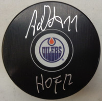 Adam Oates Autographed Edmonton Oilers Souvenir Puck w/ "HOF 12"