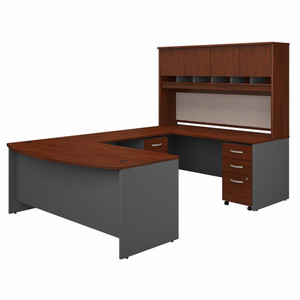 72W Bow Front U Shaped Desk with Hutch and Storage, Hansen Cherry