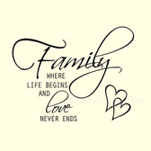 Family where life begins & love never ends vinyl wall art words sticker decor