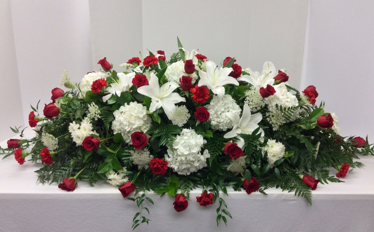 Stunning Red and White Garden Full Couch Casket Spray Centerville