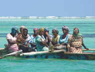 Zanzibar, Tanzania: Every day at low tide, groups of women set forth from Zanzibar’s Stone Town beaches, bound for the exposed coral reefs of the Pemba Channel, in search of mollusks and other tidal treasures to eat and sell. With the return of the high tide, the women—now far from shore and waist-deep in the warm, crystal-clear waters of the Indian Ocean—are picked up by boat to return to their villages. Photo © 2007 Jennie Quinlan