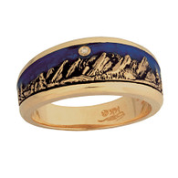 Flatirons Boulder, Colorado Mountain shown in 14kt yellow gold.  The sky is blue epoxy  enamel with a full cut diamond moon