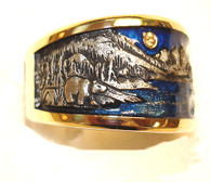 Mountain band with Bear.  14kt yellow gold with epoxy enamel and full cut diamond moon