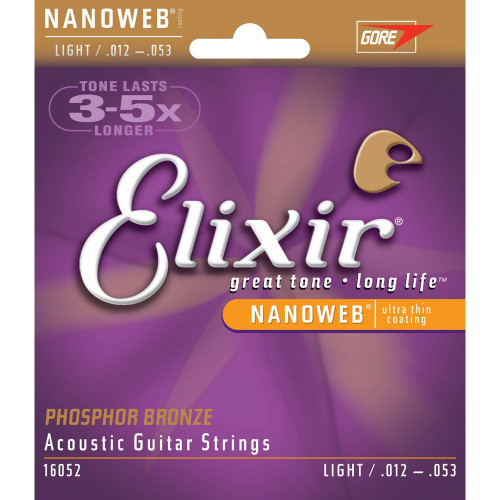 Elixir 16052 Light Acoustic Phosphor Bronze Strings with Ultra Thin NANOWEB coating .012-.053