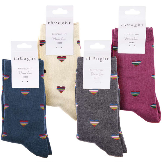 Thought Women's Bamboo Socks SPW694 Cretia Heart : 4 folded pairs showing colours
