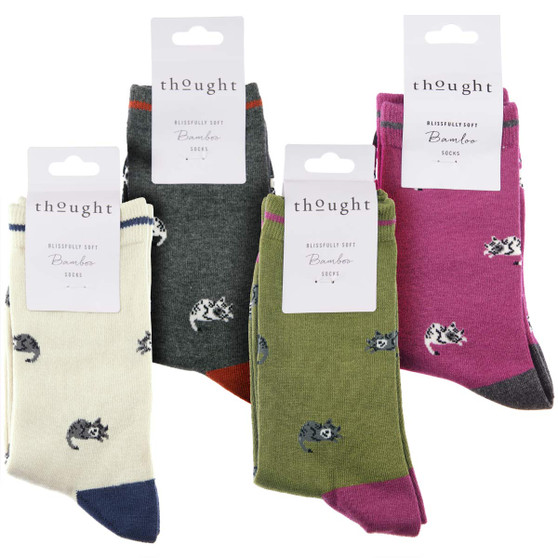 Thought Women's Bamboo Socks SPW692 Lula Cat : 4 folded pairs showing colours