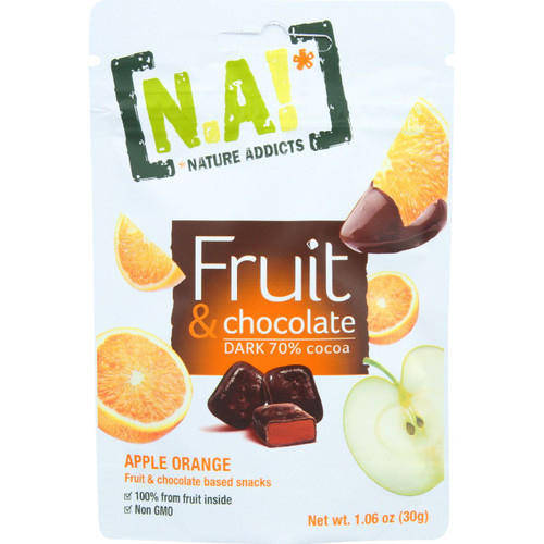 Natures Addicts Fruit and Chocolate Snacks Dark 70 Percent Cocoa Apple Orange 1.06 oz case of 30