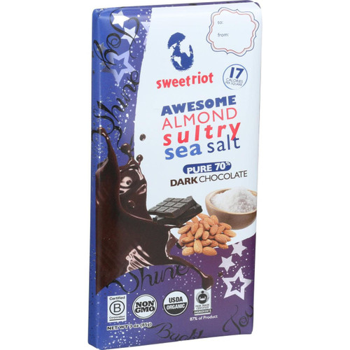 Sweetriot Organic Chocolate Bar riotBar 70 Percent Dark Chocolate Awesome Almond Sultry Sea Salt 3 oz Bars Case of 12