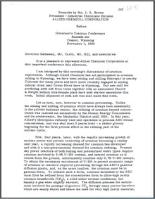 Remarks by Mr. J.S. Brown, President - Industrial Chemicals Division, Allied Chemical Corporation, before Governor's Uranium Conference