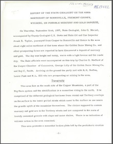  Report of the State Geologist on the Area Northeast of Bonneville, Fremont County, Wyoming, on Possible Mercury and Gold Deposits (1927)