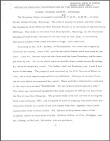 Report of Geologic Investigation of the Broadway Lead-Zinc Claim, Carbon County, Wyoming (1947)
