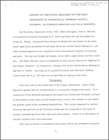 Report of the State Geologist on the area northeast of Bonneville, Fremont County, Wyoming, on possible mercury and gold deposits (1927)