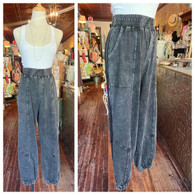 Elastic waist and cuff, mineral washed joggers w side hip pockets and added seaming throughout in black