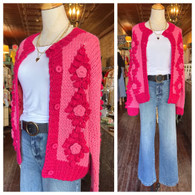 Hand crochet knit, flower detailed cardigan w exquisite flower and dot detailing in fuchsia