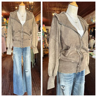You cannot go wrong with this delicious mineral washed french terry zip hoodie w side pockets and ballon sleeve detailing in mocha