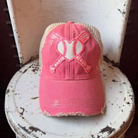 Distressed trucker hat "heart and bat" pink