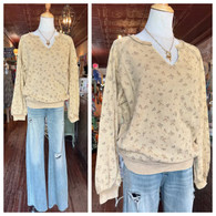 Ditsy floral printed thermal knit mineral washed top w notched neckline, reverse seams and ribbed band cuffed and hemline in mustard 