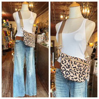 Leopard print puffer crossbody w adj and outside zipper 