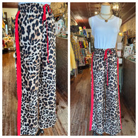 Leopard print pants w side pockets and red stripe detailing w waist tie….these are sooooooo fun!! 
