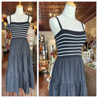 Striped knit twofer maxi dress w adj straps and side pockets in black and white