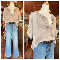 Raw edge, henley style, super soft tee in mocha