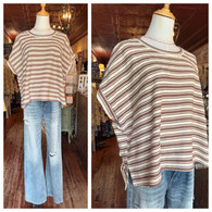 Stripe textured short sleeve top w side slits in mocha and cream 