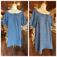 Darling puff sleeve, denim mini dress w side pockets and diamond design 