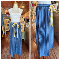 Push the fun button on these fabulous striped side pocket wide leg comfy pants w contrasting belt tie in blue and black ….sooooo dang cute