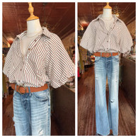 This beauty is flying out of here !! Button down , mocha and ivory stripe puff sleeve blouse w front pocket//preorder 