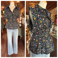 CUTE!!! Floral print button down pleated waist peplum w cap sleeves and cami insert in black