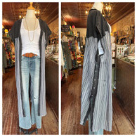 Lovely mineral washed, long open short sleeve textured duster w button up side detailing in black multi 