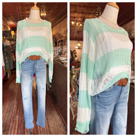 Slightly distressed lightweight color block summer sweater in mint and cream 