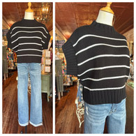 Striped mock neck, short sleeve sweater in black 