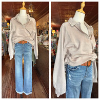 Incredibly soft snap front collar crew w balloon sleeves and banded waist in mocha 