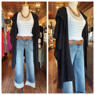 This is a luscious chenille large waffle knit hooded ruana in black //perfect for summer nights