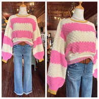 Beautiful textured cable knit balloon sleeve sweater w contrasting stripes in cream and pink