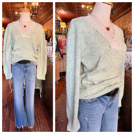 Lace trim v neck spring knit sweater in mint 