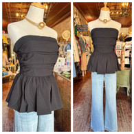 Every closet needs a strapless back peplum  //pleated front /elastic back blouse in black