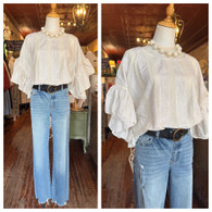 Ruffle sleeve wide stripe flowy blouse in taupe and cream