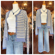 Open chunky knit, stripe button down cardi in cornflower and cream