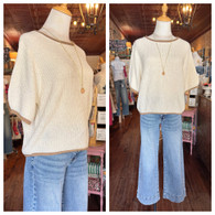 Contrast trim, puff sleeve, ribbed knit sweater in cream and taupe
