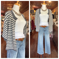 Incredibly soft half sleeve stripe button down cardigan shown here in grey and ivory