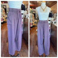 Mineral washed barrel pants w drawstring waist tie and front and back pockets in dark cherry 