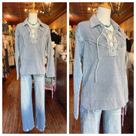 Mineral washed collared neck lace up pull over in denim blue