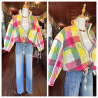 This is the sweetest multi-color plaid quilted jacket w waist tie in rainbow 