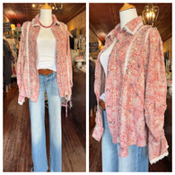 Soft brushed distressed, relaxed silhouette button down shirt w vertical pintuck accents. Along w delicate lace trim and ruffle detailing …soooooo pretty!! Be prepared for compliments 
