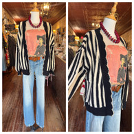 Vertical line, scalloped trimmed, balloon sleeve light weight cardi in oatmeal and black 