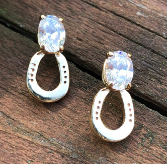 14k gold horseshoe earrings with 6x8 cz or a blue topaz or amethyst with small horseshoe. These are secured to the ear with a post. These are available in sterling silver with any gemstone. Available in gold with any gemstone. Available in sterling silver also call 8593330458.