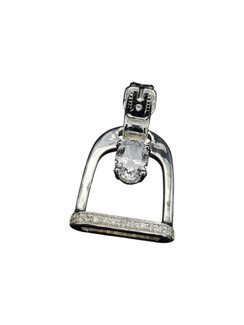 An English stirrup pendant featuring cz for extra bling. The leather strap leather makes a nice bail! Cubic zirconium outline the bottom of the of the iron.